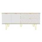 Ready Assembled Hirato Wide Sideboard White And Bardolino Oak Effect With Gold Metal Legs