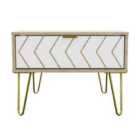 Ready Assembled Hirato 1 Drawer Large Bedside Cabinet White And Bardolino Gold Metal Hairpin Legs