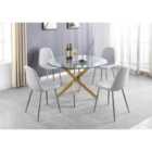 Furniture Box Novara Gold Metal Large Round Dining Table And 4 x White Corona Silver Chairs Set