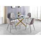 Furniture Box Novara Gold Metal Large Round Dining Table And 4 x Cappuccino Grey Corona Silver Chairs Set