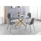 Furniture Box Novara Gold Metal Large Round Dining Table And 4 x Elephant Grey Corona Silver Chairs Set