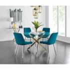 Furniture Box Novara 120cm Gold Round Dining Table and 4 x Blue Pesaro Silver Leg Chairs