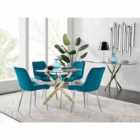 Furniture Box Novara 100cm Gold Round Dining Table and 4 x Blue Pesaro Silver Leg Chairs