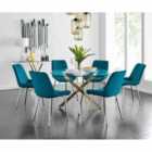 Furniture Box Novara 120cm Gold Round Dining Table and 6 x Blue Pesaro Silver Leg Chairs