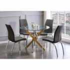 Furniture Box Novara Gold Metal Round Glass Dining Table And 4 x Black Isco Dining Chairs