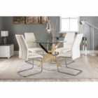 Furniture Box Novara Gold Metal Round Glass Dining Table And 4 White Lorenzo Dining Chairs