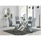 Furniture Box Mayfair 4 Seater White High Gloss And Stainless Steel Dining Table And 4 x Elephant Grey Luxury Willow Chairs Set