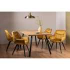 Rimi Rustic Oak Effect Melamine 6 Seater Dining Table With 4 Legs & 4 Dali Mustard Velvet Fabric Chairs With Black Legs