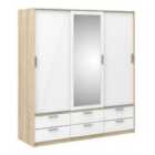 Wardrobe 3 Doors 6 Drawers In Oak Effect With White High Gloss