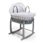 Waffle Grey Wicker Moses Basket in White & Grey Deluxe Rocking Stand - White