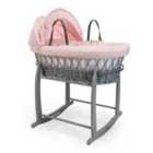 Waffle Grey Wicker Moses Basket in Pink & Grey Deluxe Rocking Stand - Pink