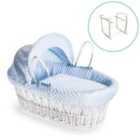 Dimple White Wicker Moses Basket in Blue & White Deluxe Rocking Stand - Blue