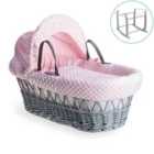 Dimple Grey Wicker Moses Basket in Pink & Grey Deluxe Rocking Stand - Pink