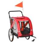 Pawhut 2-in-1 Dog Bike Trailer Stroller With Universal Wheel Reflector Flag Red