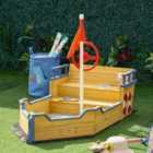 Outsunny Kids Wooden Sandbox Pirate Ship Sandboat With Bench Seat Storage