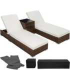 Tectake 2 Rattan Sunloungers And Table With Protective Cover - Brown