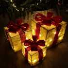 Premier Christmas Set of 3 Glitter Parcels in Gold with Red Bow & LED Lights Mains Operated