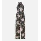 Yumi Black Floral Satin Halter Neck Belted Jumpsuit