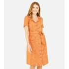 Yumi Orange Spot Revere Collar Short Sleeve Belted Mini Shirt Dress