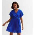 Petite Blue Satin Pleated Mini Wrap Dress