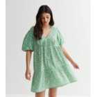 Green Ditsy Floral V Neck Mini Smock Dress