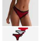 3 Pack Red and White Animal Print Lace Trim Thongs