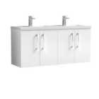 Nuie Arno 1200mm Wall Hung 4 Door Vanity & Double Polymarble Basin Gloss White