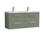 Nuie Arno 1200mm Wall Hung 4 Drawer Vanity & Double Polymarble Basin Satin Green