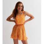 Girls Orange Ditsy Floral Strappy Frill Playsuit