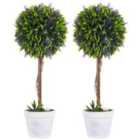 HOMCOM Set Of 2 Potted Artificial Plants Ball Tree with Lavender Flowers 60cm
