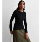 Black Ruched Waist Long Sleeve Top