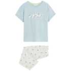 M&S Cotton Rich Happy Slogan Cropped Pyjama Set, Medium, Soft Blue