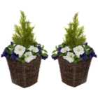 GreenBrokers Artificial Dark Purple and White Petunias Dark Rattan Planters 60cm 2 Pack