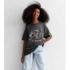 Girls Dark Grey Cotton Acid Wash Los Angeles Logo Long T-Shirt
