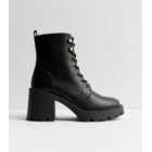 Black Leather-Look Chunky Block Heel Biker Boots