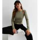 Girls Olive Ribbed Long Sleeve Cut Out Top