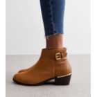 Tan Suedette Buckle Block Heel Ankle Boots