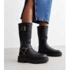 Black Leather-Look Stretch Calf Biker Boots