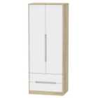 Ready Assembled Barquero Tall 2-Door Wardrobe with Drawers - Pine/White Gloss