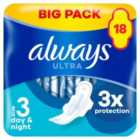 Always Sanitary Towels Ultra Day & Night (Size 3) Wings 18 per pack
