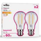 Wilko 2 pack Bayonet B22/BC 806lm LED Filament Standard Light Bulb Non Dimmable