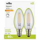 Wilko 2 pack Small Screw E14/SES 470lm LED Filament Candle Light Bulb Dimmable