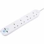 Masterplug 4 Gang 2m 13A White Surge Protected Extension Lead and 2x USB
