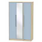 Ready Assembled Barquero Tall 3-Door Mirrored Wardrobe- Pine/Denim