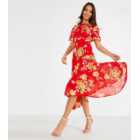 Quiz Red Floral Chiffon Asymmetric Midi Dress