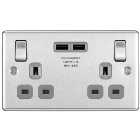 BG 13A Screwed Raised Plate Double Switched Power Socket + 2 X Usb Sockets 2.1A - Brushed Steel