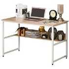 HOMCOM Two Tier Writing Desk For Home Office Metal Frame With Storage Shelf Oak Effect