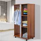HOMCOM Rolling Open Wardrobe With Hanging Rail And Storage Shelves Walnut