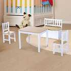 HOMCOM Childrens Four Piece Table Set With 2 Chairs Storage Stool White and Natural