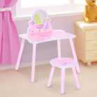 HOMCOM Girls Kids 2 Piece Pink Dressing Table Set Make Up Play Set With Mirror And Chair Wooden